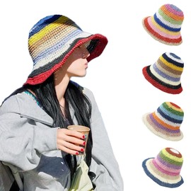 syxwRS Women's Sun Hat,Straw Floppy Bucket Rainbow Color Hat Handmade Wide Brim Summer Beach Hat Fisherman Caps, Rainbow Stripe-white, One Size-Medium
