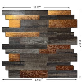XUANINY 12-Sheet Peel and Stick Metal Backsplash Tiles, Self Adhesive Aluminum 3D Wall Sticker, Wall Panels for Kitchen Bathroom, Bedroom, Living Room(11.81"x11.81") (Wooden Brown+Orange, 12)