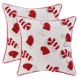 Tosleo Christmas Red Pillow Covers 18 x 18 inch Set of 2 Xmas Hat Candy Cane Throw Pillow Cover Christmas Party Decor Winter Holiday Embroidery Cushion Case for Sofa Couch Bed Living Room