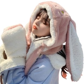 Women Cute Rabbit Ear Plush Beanie Cap Outdoor Fluffy Bunny Hat Scarf Set Indoor Warm Thick Fleece Animal Hoodie