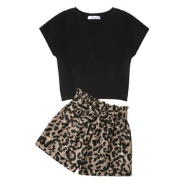 Arshiner Girls' T-Shirt with Shorts Set, Summer Children's Clothing Sets, Leisure Fashion, Overcut Shoulders, Shirts, Two-Piece Clothing Sets for Girls 6-14 Years, Black & Leopard
