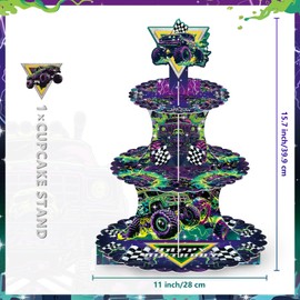 Monster Truck Cupcake Stand 3-Tier Green and Purple Monster Truck Party Decorations Race Car Cupcake Tower Favors Party Dessert Holder Truck Theme Dessert Stand for Kids Boys Birthday Supplies