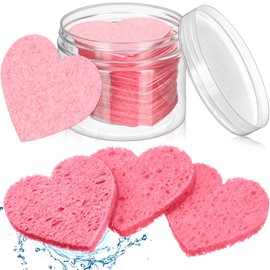 Pack of 60 Face Sponges with Container Heart Shape Compressed Face Sponge Natural Sponge Pads for Facial Cleansing Exfoliating Beautician Makeup Removal, Pink