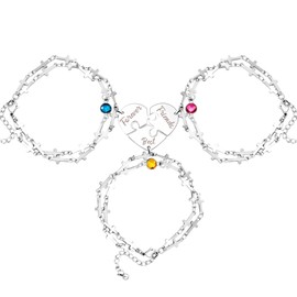 Oneress 3 Best Friends forever Bracelet Double Layer Stainless Steel Cross Chain Puzzle Heart with Birthday Stone Bracelets Birthday Girfts for Best Friends Sisters YA4834 (forever)