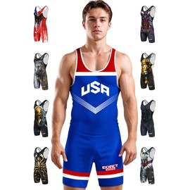Exxact Sports Sublimated Men's Wrestling Singlet, High-Performance Powerlifting Singlet, Wrestling Singlets for Men (AL, Royal Blue USA)
