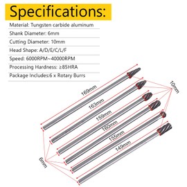 6pcs 6mm Shank Tungsten Carbide Rotary Files Burr Set Point Burrs Die Grinder Aluminum 10mm Head