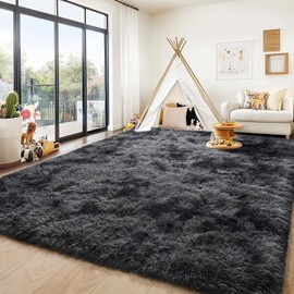 PIPABOBO Large Area Rugs for Living Room, 9x12 Feet Tie-Dyed Black Grey Shaggy Fluffy Throw Carpets, Ultra Soft Plush Modern Indoor Fuzzy Rugs for Bedroom Kids Room Nursery Dorm Home Decor