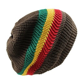 Knitted Slouchy Cotton Classic Rasta Beanie (Brown/Rasta)