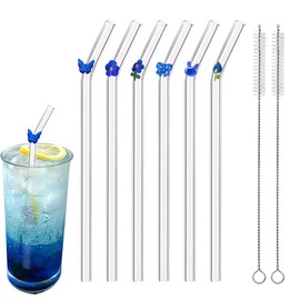 ZRLABL Reusable Glass Straws - 8" x 8 MM, Set of 6, Clear Glass Drinking Straws for Beverages (Blue, Normal-6 PC Straws & 2PC Cleaning Brush)