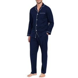 MoFiz Men's Cotton Christmas Pajamas Sets Sleepwear Long Sleeve Button Down Pajamas For Men With Pants Soft Plaid PJ Pants Set With Pockets Navy Blue
