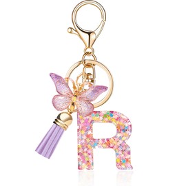 QUKE Alphabet Initial Letter Keychain Purple Tassel Butterfly Pendant Resin Keyring for Purse School Bag Women Girls - R