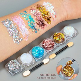 Body Glitter Gel, 6Pcs Face Glitters Body Gel with Glitter Freckles Temporary Face Tattoos, Chunky Glitters Body Sequins, Festival Glitter for Party Cosplay Makeup Decoration