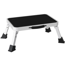 BONTEC Folding One Step Stool, Heavy Duty Sturdy Metal 330lbs Capacity, Wide Non-Slip Single 1-Step Stool Ladder for Adults Children, Ideal for Kitchen, Bathroom, RV, Camping, Office, White