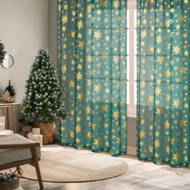 FRAMICS - Cortinas transparentes de Navidad para sala de estar, estampado de copo de nieve dorado, verde, 84 pulgadas de largo, juego de 2 paneles, 52 pulgadas de ancho x 84 pulgadas de largo