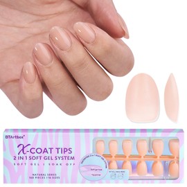 Almond Nail Tips Extra Short - BTArtbox Nude Soft Gel Nail Tips Upgraded Full Matte XCOATTIPS Pre-applied Tip Primer, Pre-colored Press On False Nails for Nail Extensions