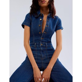 Qazel Vorrlon Denim Jumpsuit for Women Flare Wide Leg Blue Jean Jumper Short Sleeve Button Stretch Long Romper Pants