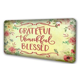 AVA-WVW Flowers License Plate l Grateful Thankful Blessed l Funny Novelty Vanity Front License Plate Frame Cover Gift for Women | Metal Car Plate Sign Auto Tag | Aluminum Plate 6 X 12 Inch (2 Holes)