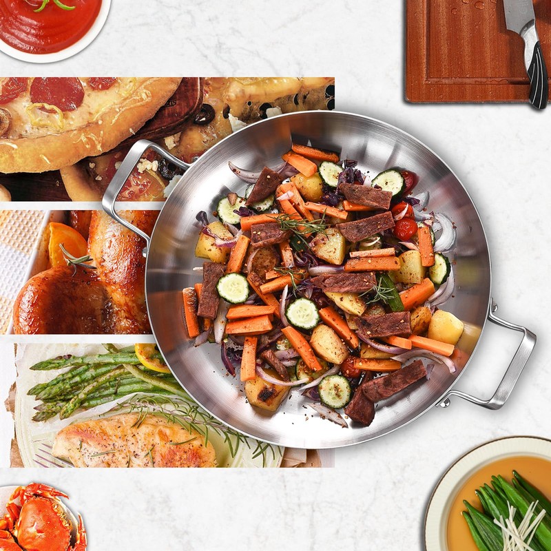 Inqibee 13-Inch Tri-Ply Stainless Steel Paella Pan,Large Skillet,Griddle Pan,Large Frying