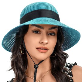 S.ROMZA - Sombrero de paja para mujer, con cordón de viento, de ala ancha, plegable, para playa, verano, para mujer, protección UV 50+, Azul-cielo, Talla única