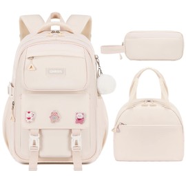 QHRIDS 3PCS Backpack for Girls Fits 15.6 Inch Kids Backpack with Lunch Box,Pencil Pouch Set,Waterproof Bookbag School Bags for Teens Girls Elementary Students,Beige