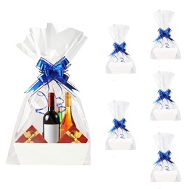 Geschenkkorb Leer,Kraft Korb Mit Griffen Korb Für Geschenke Set Mit 5 Körbe,5 Shrink Wrap Bags und 5 Schleifen,Präsentkorb Pappe für Hochzeit Geburtstag Party Weihnachten Valentinstag Urlaub(Weiß)