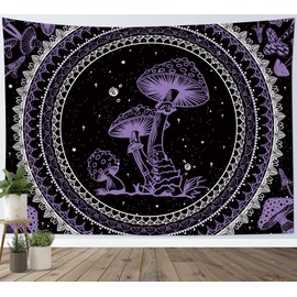 SCECALA Purple Mushroom Tapestry Boho Mandala Pattern with Purple Mushroom Wall Tapestry Black and White Star Wall Hanging for Bedroom Living Room Teen Dorm Party Home Decor 60x40 Inch