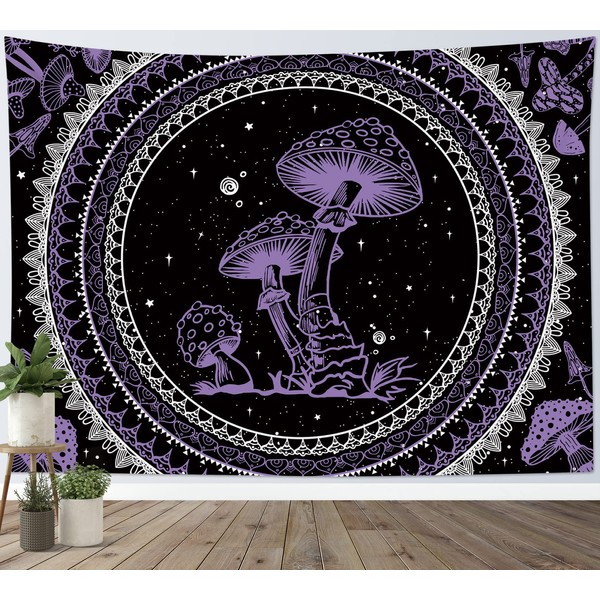 SCECALA Purple Mushroom Tapestry Boho Mandala Pattern with Purple Mushroom