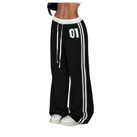 SOLY HUX Women's Drawstring Waist Sports Sweatpants Retro Wide Leg Baggy Pants Streetwear Black Printed Large