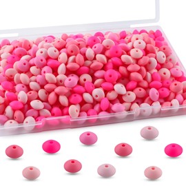 Lovyomi 280pcs 12mm Silicone Lentil Beads for Keychain Making Mix Color Spacer Beads for Pens and Bracelet Crafts(Pink)