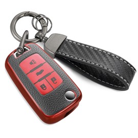 CTRINEWS for Chevy Key Fob Cover with Carbon Fiber Style Belt Keychain,Upgraded TPU Surface Grain Key Case for Cruze Equinox Malibu Sonic Trax Impala Cruze (4 Buttons) (Red, A2)
