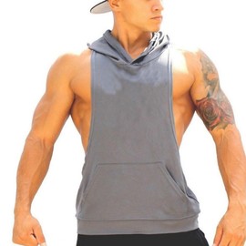 ZUEVI Men's Muscle Sleeveless Hoodies Tank Tops Gym Workout Hooded Bodybuilding Stringer T Shirt (Grey-XL)
