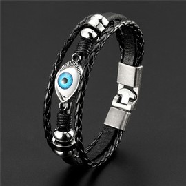 Evil Eye Leather Bracelet for Men Charm Braided Black Brown String Mens Bracelets Evil Eye Charm Boyfriend Jewelry Gifts (Black)