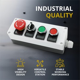 Shopcorp 22mm Control Station Box Set – Momentary Push Button Switches (Red & Green), 2-Position Rotary Switch & Emergency Stop Button