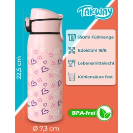 TAKWAY Children's Stainless Steel Drinking Bottle, 550 ml, Leak-Proof, Insulated and Suitable for Carbonated Drinks, Bottle for School, Sports (Heart)