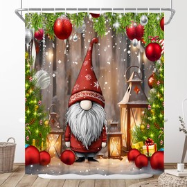 JONSEQIN Merry Christmas Shower Curtain Gnome Red Xmas Balls Vintage Wooden Board Green Fir Tree Farmhouse Winter Holiday Polyester Fabric Bath Decor with Hooks