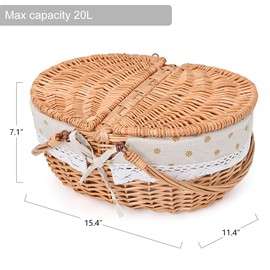 Wicker Picnic Basket with Removable Liner Empty Picnic Baskets with Lid, Picnic Hamper with Foldable Handles for Picnic, Yellow Flowers