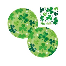 St. Patricks Day Irish Party Supplies | Bundle Includes Paper Dessert Plates and Napkins for 16 People | Patterned Shamrocks Design