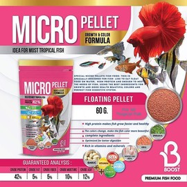 A.D.P. Fish Booster Pink Tropical Fish Food Micro Floating Pellet, Grow Faster & Color Enhancing High Protein 42% for Goldfish & All Aquarium Small Fish 60 g Newborn Fry Fish Feed Breeding Fish Care