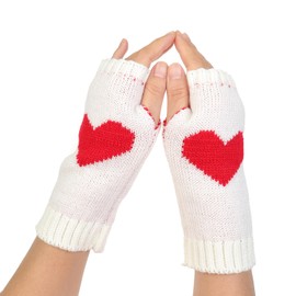 JK Home Love Heart Printed Couple Gloves, Winter Half Fingerless Gloves for Women, Knit Stretchy Cold Weather Hand Arm Wrist Warm, Warmers Mittens Gloves with Thumb Hole Valentine's Christmas White