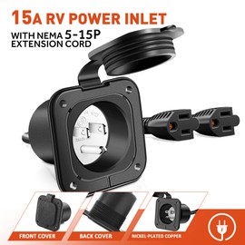 15 Amp 125V AC Power Inlet Port Plug with Dual Extension Cords, NEMA 5-15P RV Flanged Inlet Y Splitter Cable, RV Shore Power Inlet ETL Listed AC Port for RV Camper Generator Shed Motorhome Van