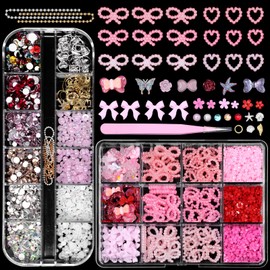 2 Boxes Nail Charms and Rhinestones, 3D Red Flowers for Nails Pearl Bow Heart Nail Art Charms, Butterfly Bows Charms for Acrylic Nails Mixed Sizes Nail Gems Rhinestones for DIY Accessories