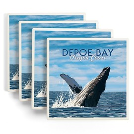 Depoe Bay, Oregon Coast, Breaching Humpback Whale (Absorbent Ceramic Coasters Set of 4 Matching Images, Cork Back, Kitchen Table Decor)