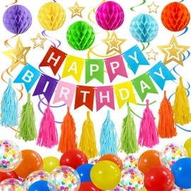 Premium Reusable Birthday Decoration Set - Colorful Happy Birthday Banner, Balloons, Tassel, Hanging Swirl Streamer, Honeycomb Decorations (Rainbow Party Decorations)