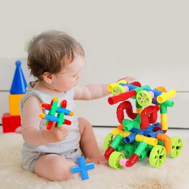 Qchomee 60Pcs Plastic Tube Construction Building Blocks Kids DIY Assembling 3D Puzzle Jigsaw Toy With Storage Box Toy Bricks Educational Toys STEM Toy for Boys Girls 2-8 years Birthday