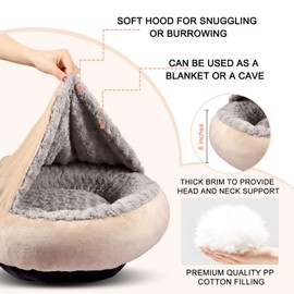 GASUR Small Dog Bed & Cat Bed, Round Donut Calming Dog Beds for Small Dogs, Anti-Anxiety Cave Bed with Hooded Blanket, Cozy Puppy Bed and Cat Beds for Indoor Cats, Machine Washable Pet Bed 23"