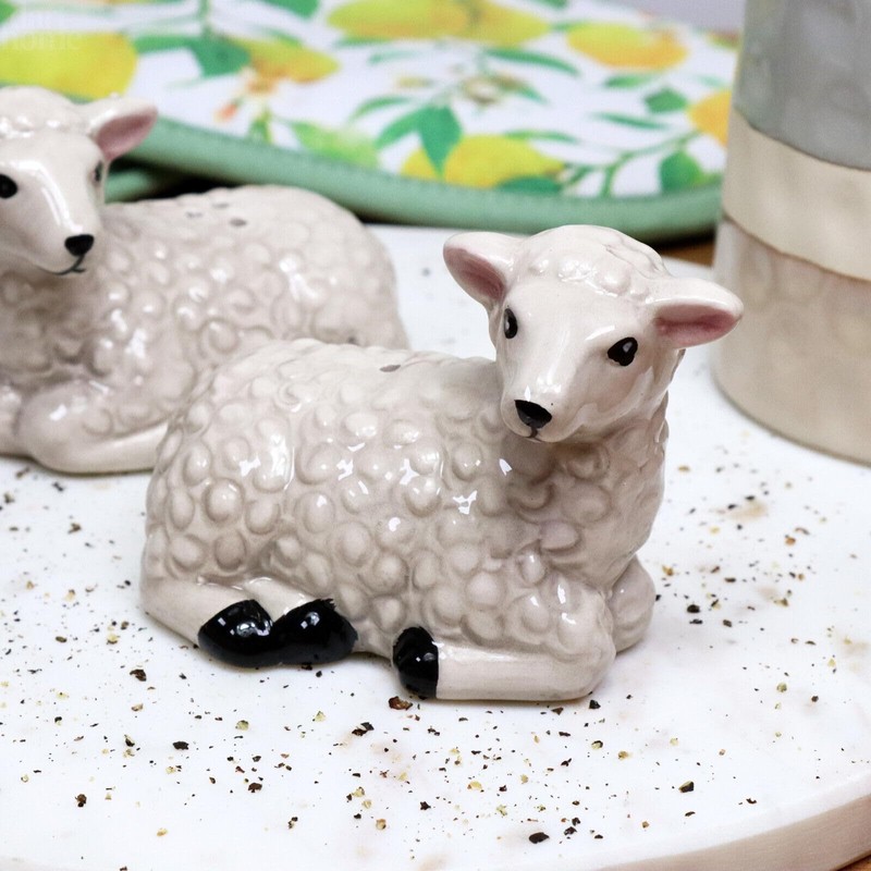 S/2 Salt and Pepper Shaker Set Lying Sheep Ceramic White