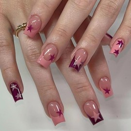 MERVF Square Press on Nails Medium Fake Nails Pink Purple French Tip Glue on Nails Star Press ons Squoval Acrylic Nails with Y2K Design Christmas Glossy 24pcs