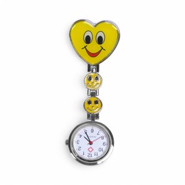 AKORD Yellow Heart Quartz Movement Clip Nurse Brooch Fob Tunic Watch Smiley Face