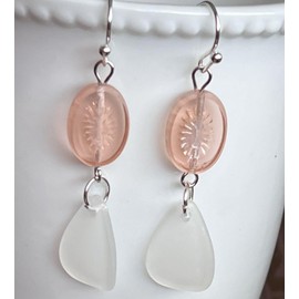 Silver, Pale Pink Kiwi Czech Bead and Frosty White Faux Sea Glass Earrings. Jewelry Earrings for Women #3298FE3070