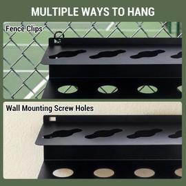 MyGift 16.5 Inch Black Metal Pickleball Paddle Rack and Ball Storage, Wall Mounted or Fence Hanging Equipment Organizer with Racket Holder and Basket for Balls